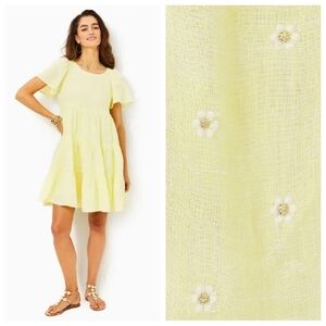 Lilly Pulitzer Jocelyn Linen You Drive Me Daisy Floral Embroidered Dress 016241